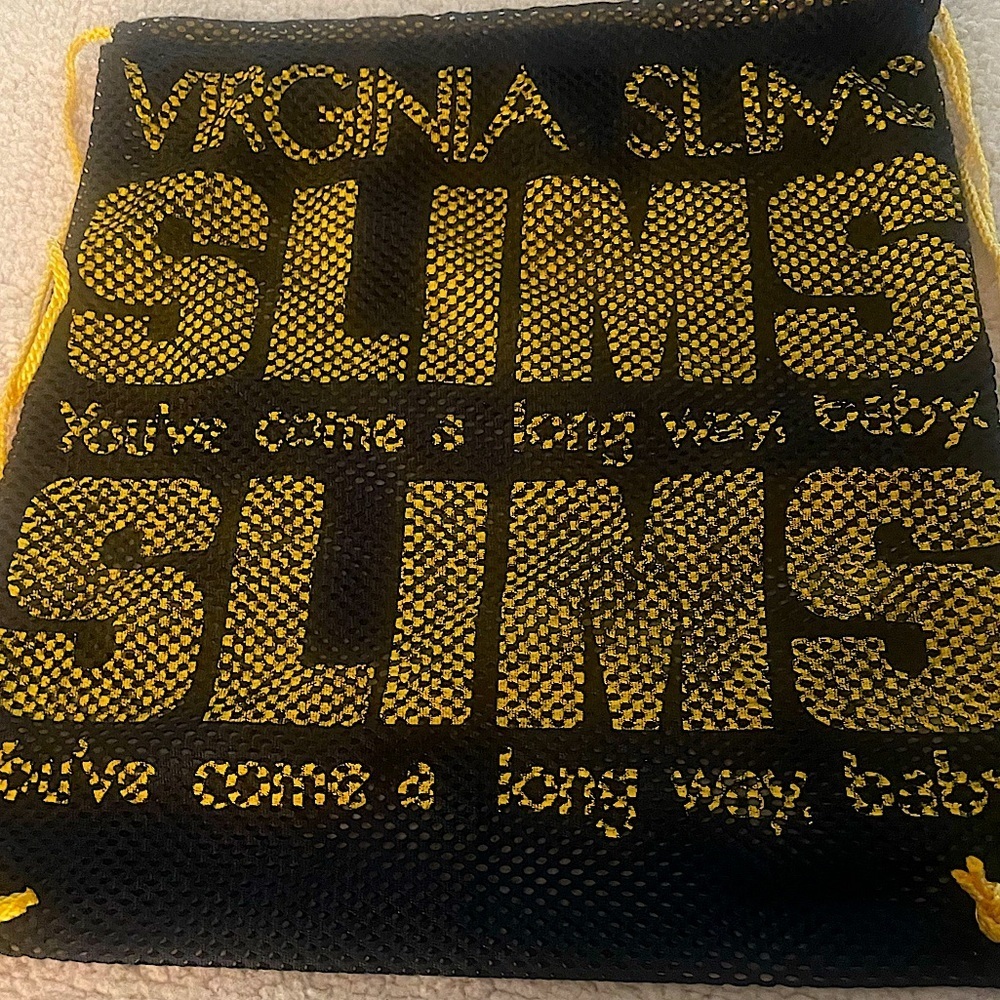 Vintage Retro 1980’s Virginia Slims Blue and Yellow Drawstring Mesh Bag